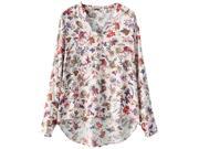 Vintage Floral Print Women Blouses Fashion Print Autumn V Neck Polyester Lady Tops Women Shirts white XL