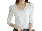 New Women V neck Lace Floral Long Sleeve Top Blouses White 2XL