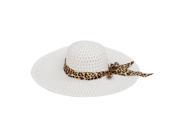White Summer Exquisite Leopard Ribbon Bowknot Decorated Openwork Sun Hat For Women