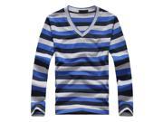 Fashion Men s Navy Blue Blue Gray Stripe Long sleeved Cotton Stripes Sweater Pullover T shirt XL