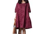 New style Summer fashion women clothing loose short sleeved cotton embroidered casual dress elegant dresses female Wine Red S