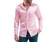 leisure Men s Clothing High grade Emulation Silk Long Sleeve Shirts Men s Casual Shirt Shiny Satin pink L