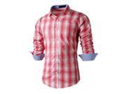 New Fashion Men Shirts Plaid Long Sleeve Casual Shirt Clothes Red XL