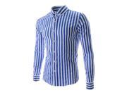 New Fashion Blue Streak Long Sleeve Cotton Slim Fit French Cuff Casual Male Shirt Clothes L