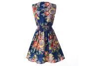 Lady s Sleeveless O neck Flower Printed Casual Mini Dress Blue and white Asian XXL US XL