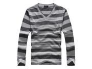 Fashion Men s Gray Stripe Long sleeved Cotton Stripes Sweater Pullover T shirt L