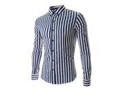 New Fashion Navy Blue Streak Long Sleeve Cotton Slim Fit French Cuff Casual Male Shirt Clothes L