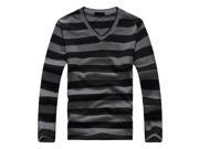Fashion Men s Dark Gray Black Stripe Long sleeved Cotton Stripes Sweater Pullover T shirt 2XL