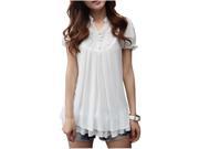 Women Short Sleeves Layered Pleated Casual Tunic Tops White M