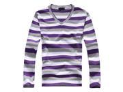Fashion Men s Purple Gray White Stripe Long sleeved Cotton Stripes Sweater Pullover T shirt L
