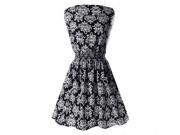 Lady s Sleeveless O neck Flower Printed Casual Mini Dress Black blue and white porcelain Asian M US S