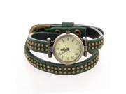 THZY Watch Green Leather Quartz Bracelet Round Roman Numerals Women Rivets