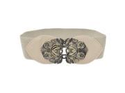 Women s Retro Flower Elastic Stretch Buckle Wide Waist Belt Waistband Beige