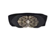 Women s Retro Flower Elastic Stretch Buckle Wide Waist Belt Waistband Black