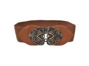 Women s Retro Flower Elastic Stretch Buckle Wide Waist Belt Waistband Light tan