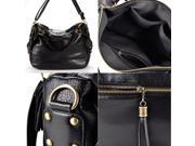 SODIAL Large Shoulder Handbag Fringed shoulder strap Imitation varnished Leather Zipper Black