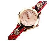 SODIAL Retro Woman Leather Rhinestone Rivet Chain Quartz Bracelet Wristwatch Red