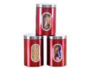 THZY 3pcs Stainless Steel Window Canister Tea Coffee Sugar Nuts Jar Storage Set Red