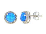 6mm Blue Opal Diamond Round Stud Earrings 14Kt White Gold
