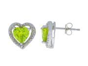 Peridot Diamond Heart Stud Earrings .925 Sterling Silver Rhodium Finish
