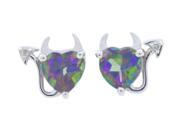 Natural Mystic Topaz Diamond Devil Heart Stud Earrings .925 Sterling Silver Rhodium Finish