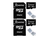 Smartbuy Micro SDHC Class 4 TF Flash Memory Card SD HC C4 For Camera Mobile Phone Tab GPS MP3 TV Adapter Mini Case 16GB 2 Packs