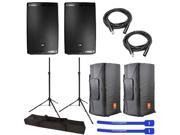 JBL EON615 Powered 15 2 Way System Speaker Pair w Tripod Stands Convertible Covers XLR Cables Cable Ties