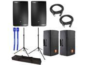 JBL EON615 Powered 15 2 Way System Pair w Tripod Speaker Stands Covers XLR Cables Cable Ties