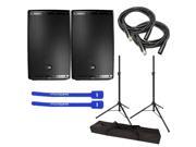 JBL EON615 Powered 15 2 Way Speaker System Pair w Tripod Speaker Stand Pair and Bag XLR Cables Cable Ties