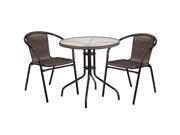 28 Round Glass Metal Table with Dark Brown Rattan Edging and 2 Dark Brown Rattan Stack Chairs