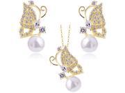 Fashion Girls Exquisite Butterfly Inlaid Crystal Pearl Pendants Necklaces Stud Earrings Jewelry Set for Engagement Gold