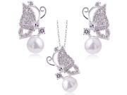 Fashion Girls Exquisite Butterfly Inlaid Crystal Pearl Pendants Necklaces Stud Earrings Jewelry Set for Engagement Silver