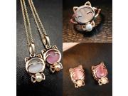 Delicate Gold Plate Inlaid Opal Cat Pearl Jewelry Sets Pendants Necklaces Stud Earrings Rings for Party Pink