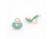 Fashion Girls Asymmetric Stud Earring Trendy Zinc Alloy Inlaid Crystal High Heel Shoes Bag Earrings for Gifts Green