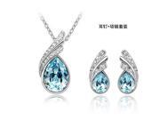 Elegant Women Wing Inlaid Crystal Water Drop Pendants Necklaces Stud Earrings Jewelry Sets for Wedding Party Blue