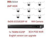 Hikvision DS 7608NI E2 8P 8CH POE NVR 8Pcs DS 2CD2E20F W 2MP POE IP Camera 2.8mm Lens