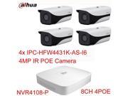 Dahua 8CH 4 POE NVR4108 P 4Pcs IPC HFW4431K AS I6 4MP Support POE Onvif IP Camera 6mm Lens