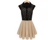 Summer Newest Sleeveless Lapel Split Joint Lace Chiffon Dress Size XL Black Apricot