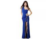 Elegant One shoulder High Side Slit Style Formal Party Evening Gown Long Dress Size L Blue