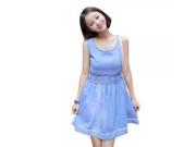 Newest Lace Retro Pattern Wrist tighted Round Collar Sleeveless Dress Size L Blue