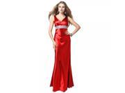 Elegant Deep V neck Waist Pleated Rhinestone Long Milk Fiber Formal Party Evening Gown Dress Size S Red