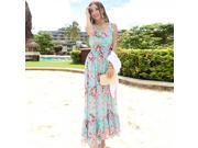 2014 Shoulder straps Bohemia Style Floral Pattern Chiffon Longuette Dress Blue