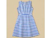 Fashion Blue White Strap Pattern Round Neck Sleeveless Polyester Fiber Dress S