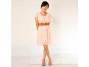 Pure Color Korean Womens Chiffon Lace Short Sleeve Dress Pink Brown Belt
