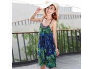 2014 National Style Bohemia Peafowl Feather Floral Pattern Halter Beach Dress Blue