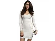 Trendy Women Temperament Slim Thin Hip hugger Long Sleeves Rivet Lady Dress Cream colored XS