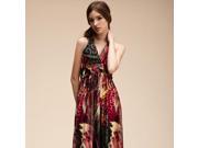Charming Bohemia Style V neck Sleeveless Milk Silk Longuette Dress with High Waist Design Free Size Red