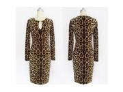 Sexy Tight fitting Hip hugging Leopard Printing Metal Buckle Round Neck Long Sleeve Women’s Dress M