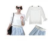 New 6093 2 Piece Summer Puff Sleeve Lace Shirt A shaped Skirt Women Suit with Belt Size