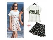 New Style Word Pattern Short Sleeve T shirt Embroidered Printed Short Overskirt Set Black